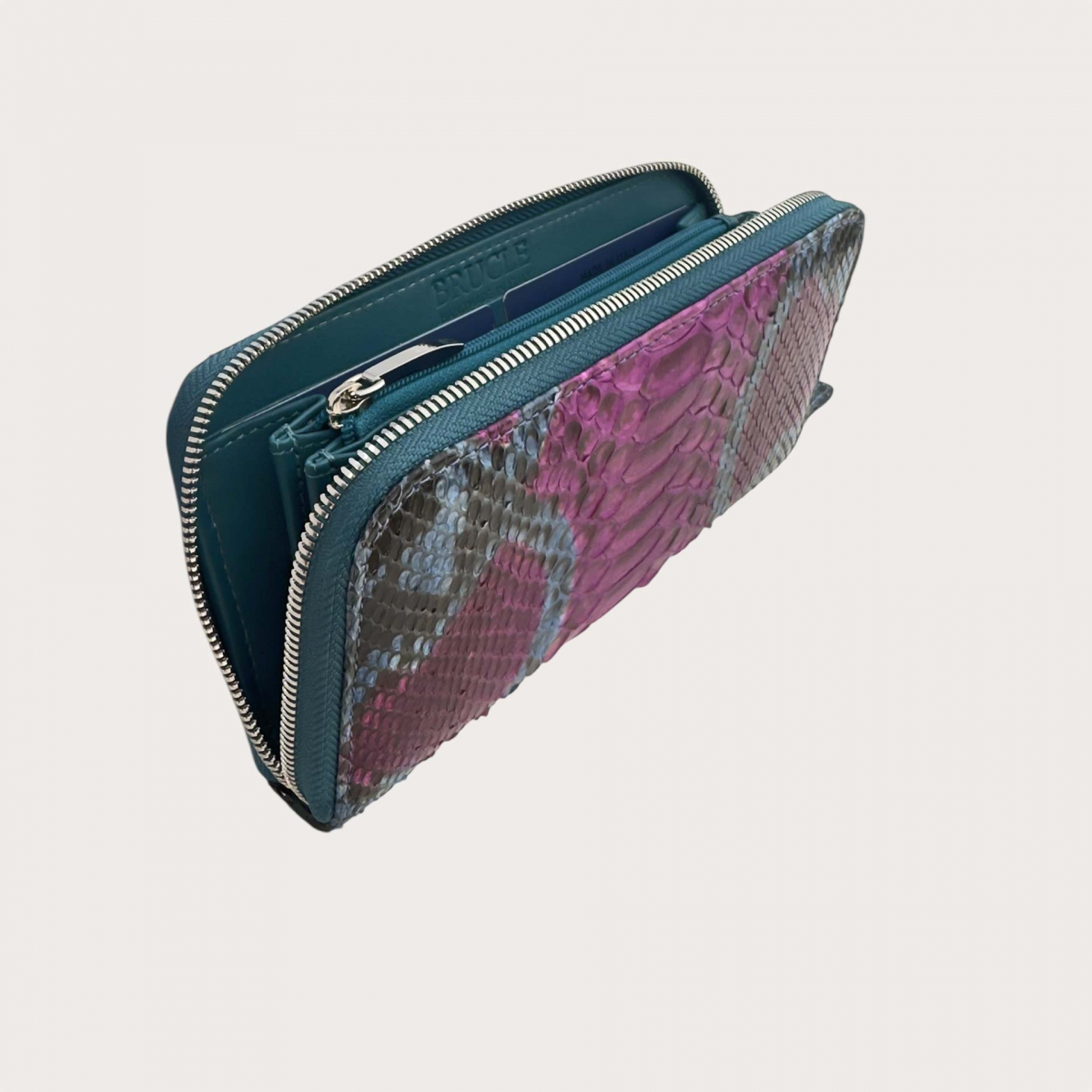Portefeuille femme en python fuchsia et pétrole