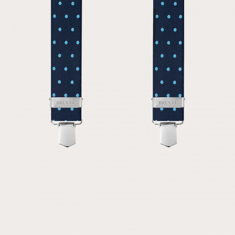 Bretelle a X blu con pois azzurri e dorsale colorato e sfumato a mano