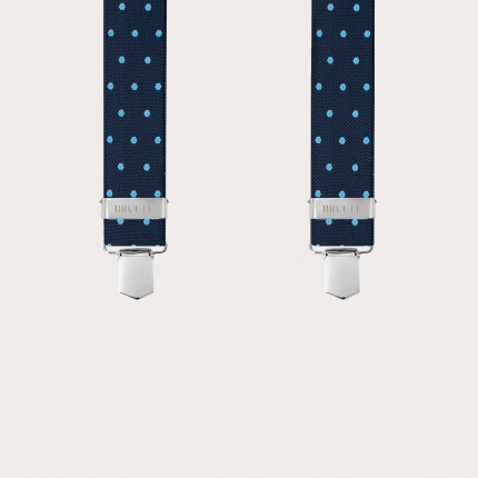 Blue X-back suspenders with light blue polka dots and hand-shaded colored back strap
