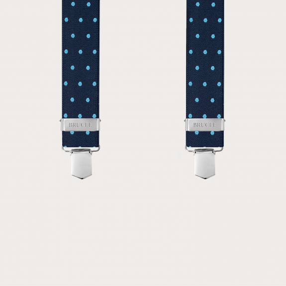 Bretelle a X blu con pois azzurri e dorsale colorato e sfumato a mano