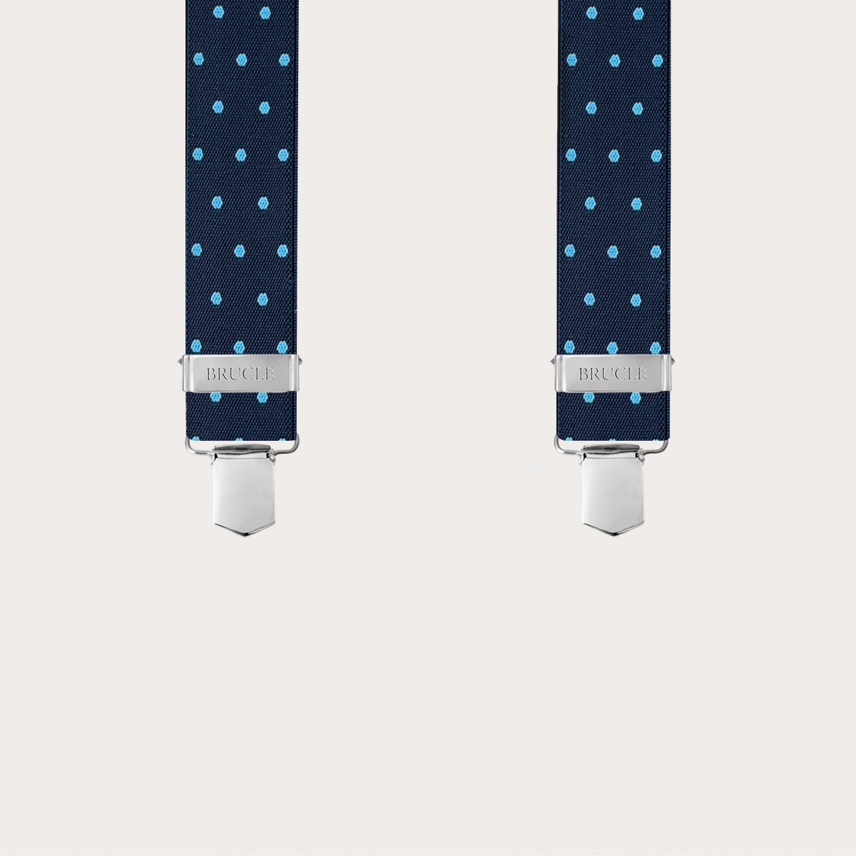 Bretelle a X blu con pois azzurri e dorsale colorato e sfumato a mano