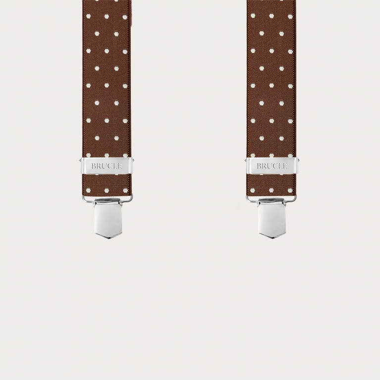 Brown X-back suspenders with polka dots and hand-shaded leather back