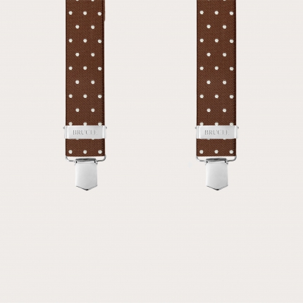 Brown X-back suspenders with polka dots and hand-shaded leather back