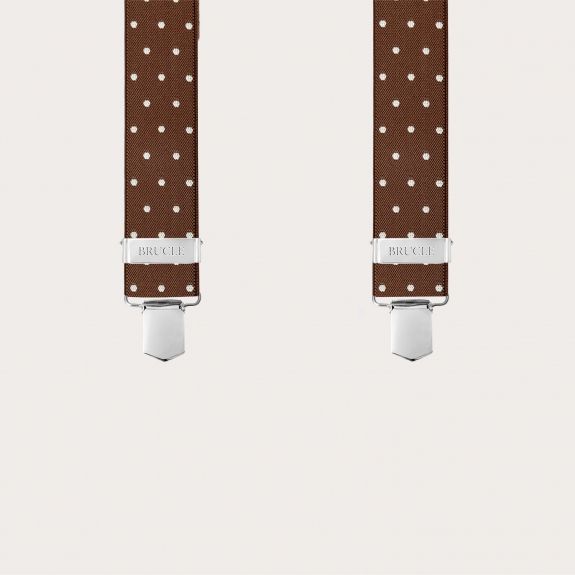 Brown X-back suspenders with polka dots and hand-shaded leather back