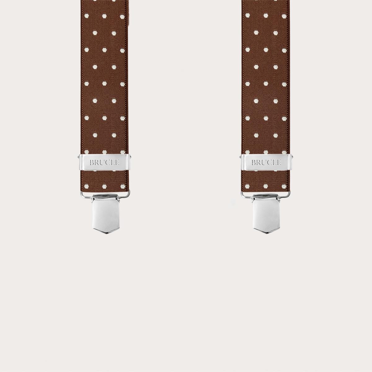 Brown X-back suspenders with polka dots and hand-shaded leather back