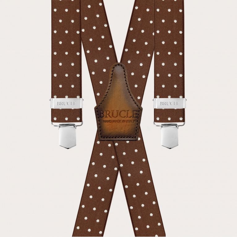 Brown X-back suspenders with polka dots and hand-shaded leather back