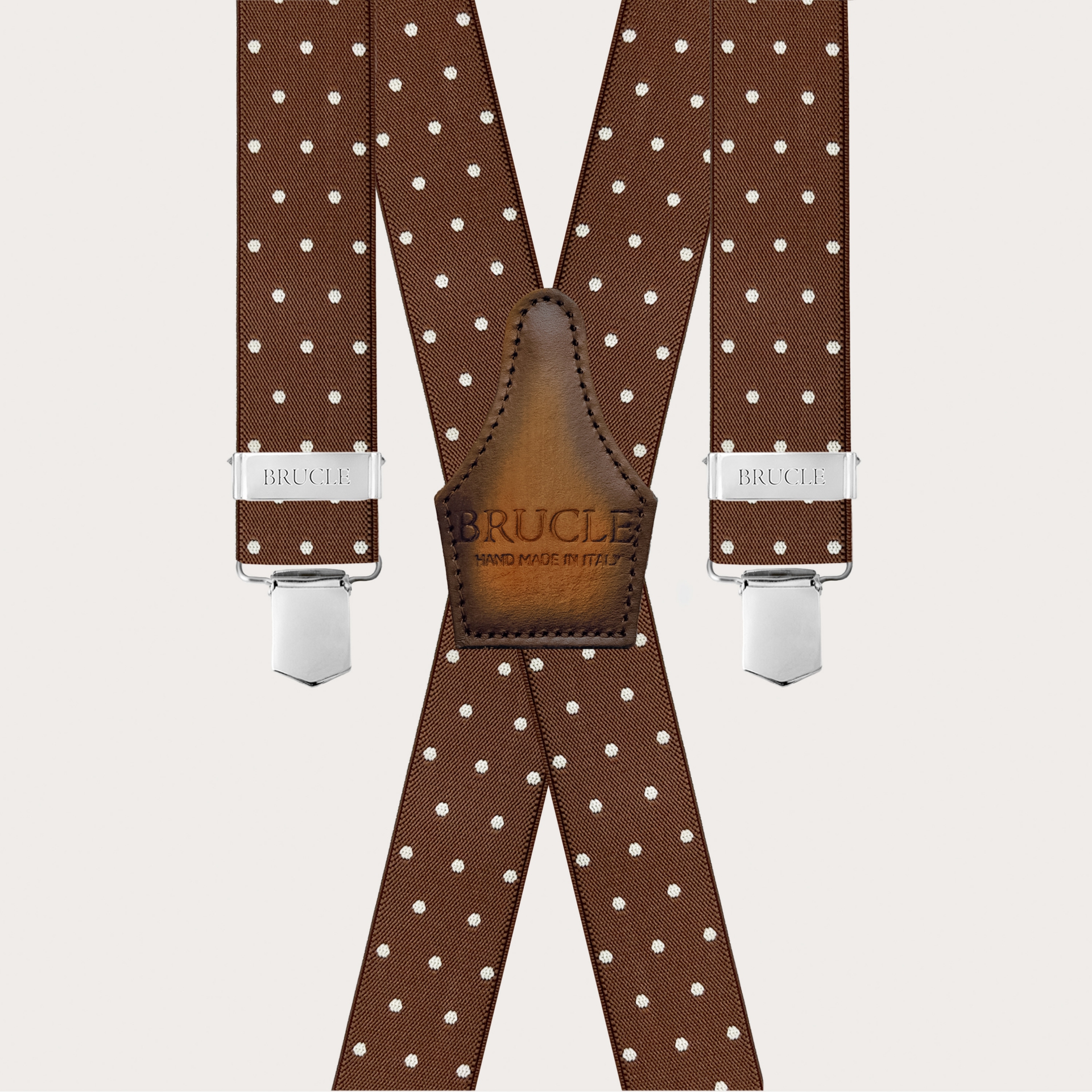 Brown X-back suspenders with polka dots and hand-shaded leather back
