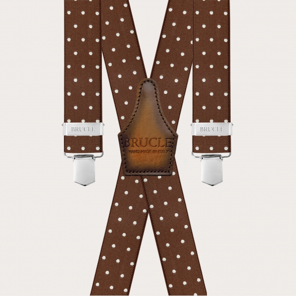 Brown X-back suspenders with polka dots and hand-shaded leather back