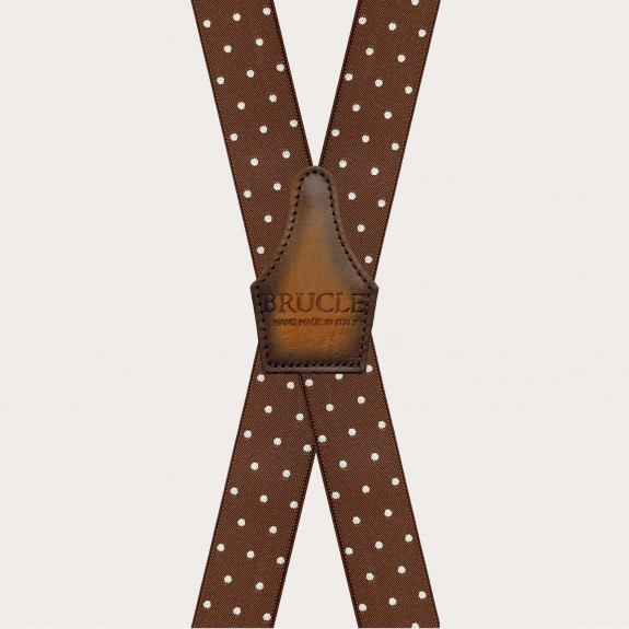 Bretelles marron en X à pois avec dos en cuir patiné à la main