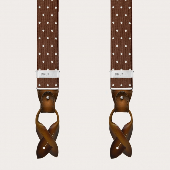 Elegant brown polka dot suspenders with hand-colored leather