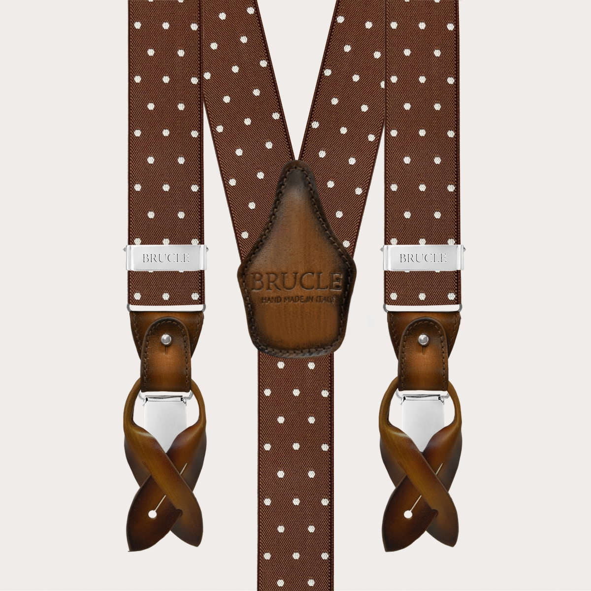 Eleganti bretelle marroni a pois con pelle colorata a mano