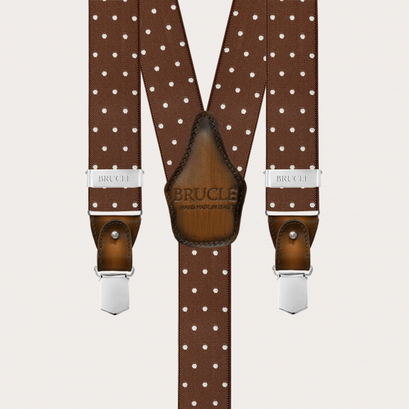 Elegant brown polka dot suspenders with hand-colored leather