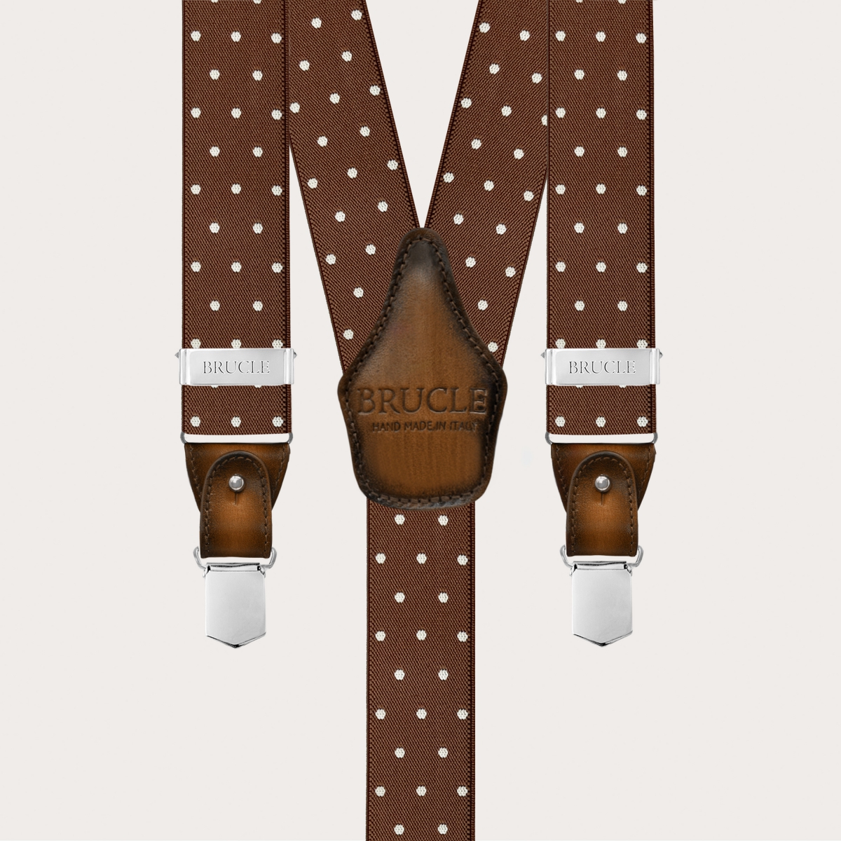 Elegante braune Hosenträger mit Punkten und handgefärbtem Leder