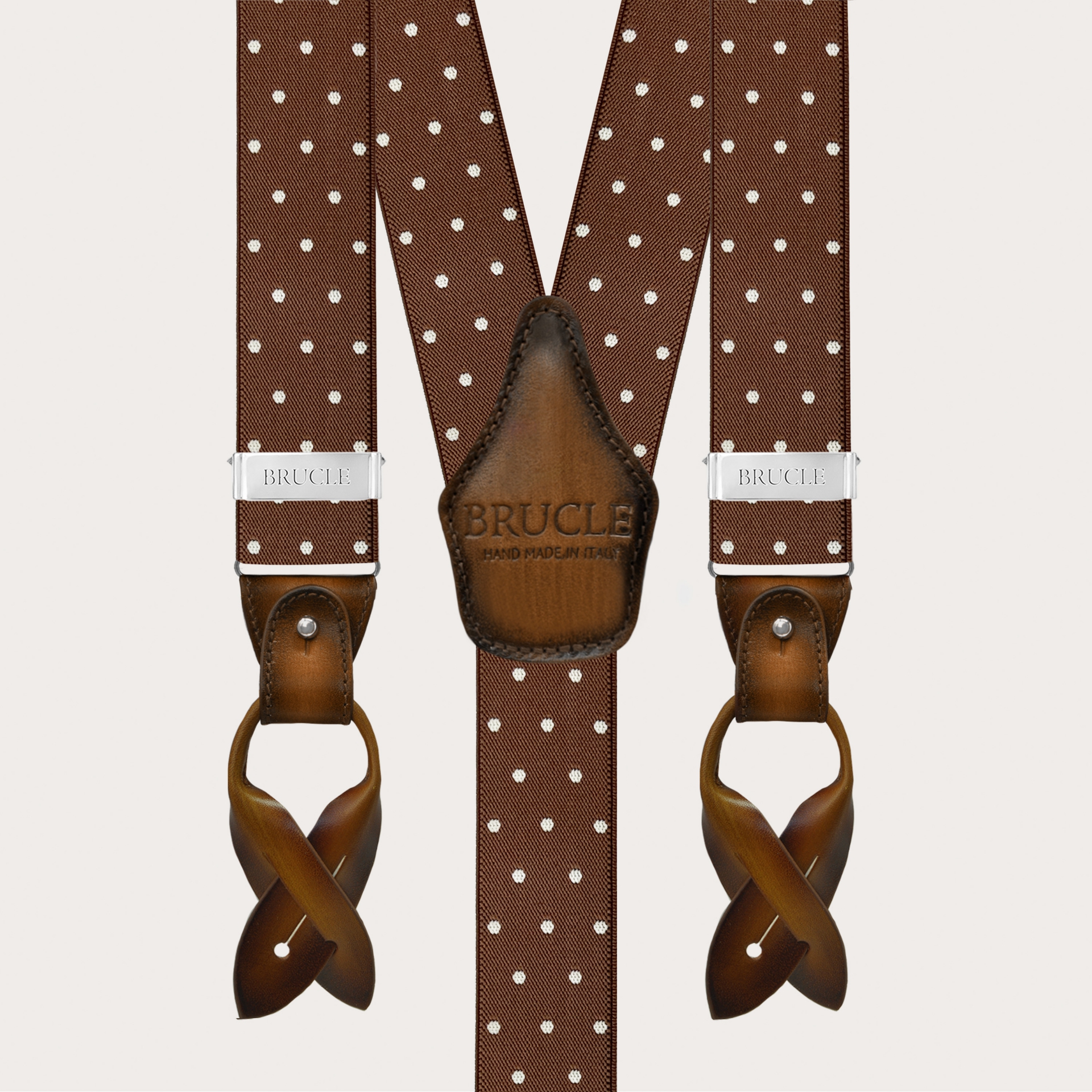 Eleganti bretelle marroni a pois con pelle colorata a mano