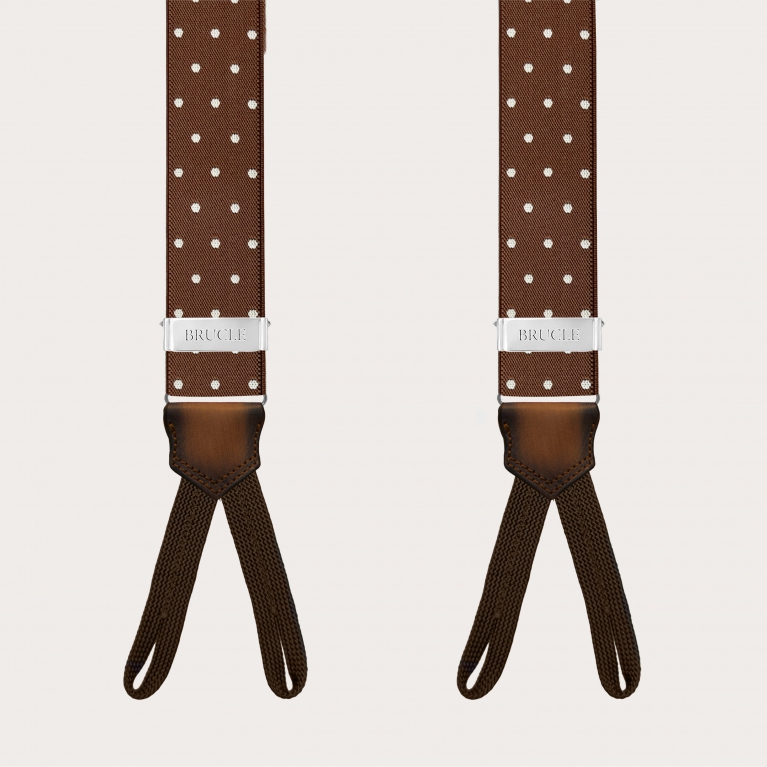 Brown polka dot suspenders with button loops