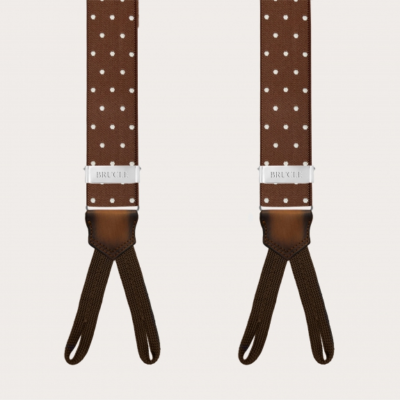 Brown polka dot suspenders with button loops