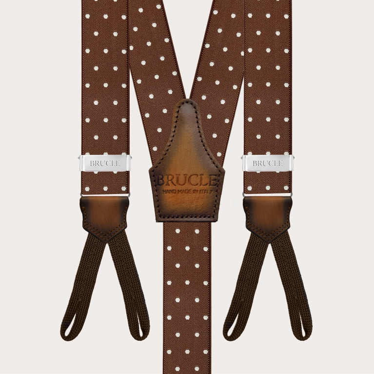 Brown polka dot suspenders with button loops
