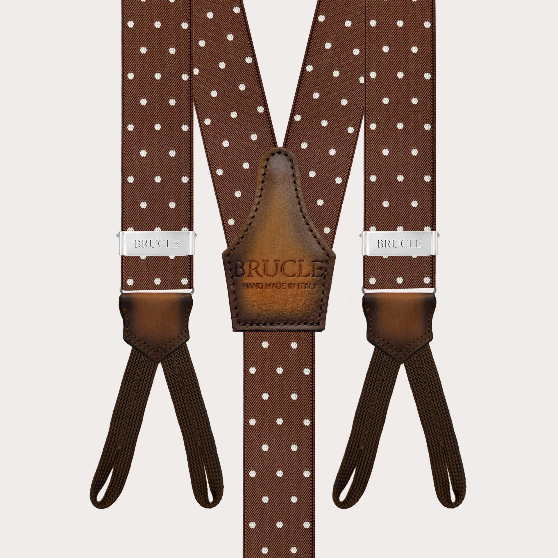 Brown polka dot suspenders with button loops