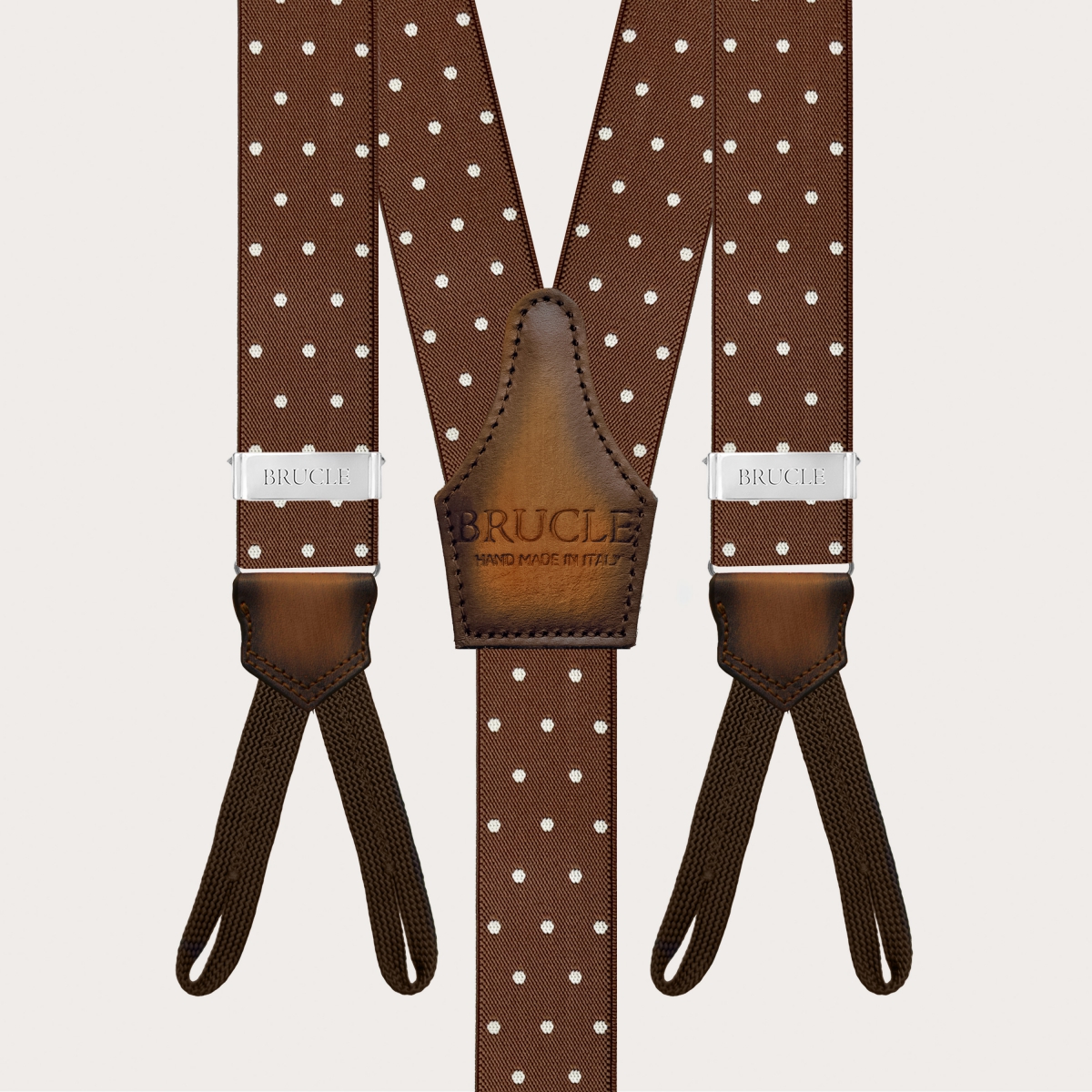 Brown polka dot suspenders with button loops