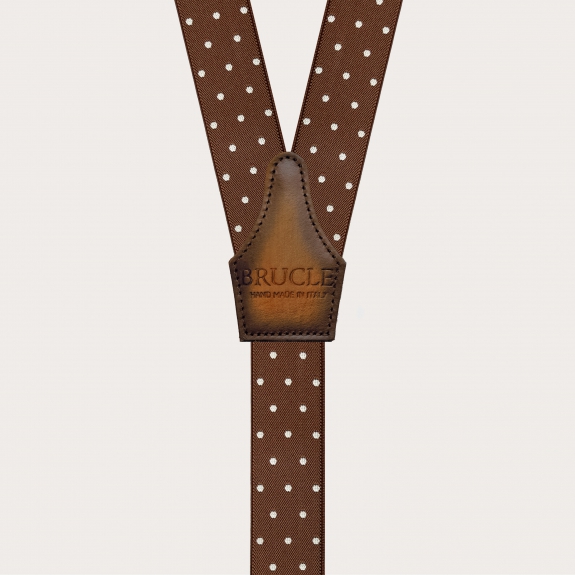 Brown polka dot suspenders with button loops