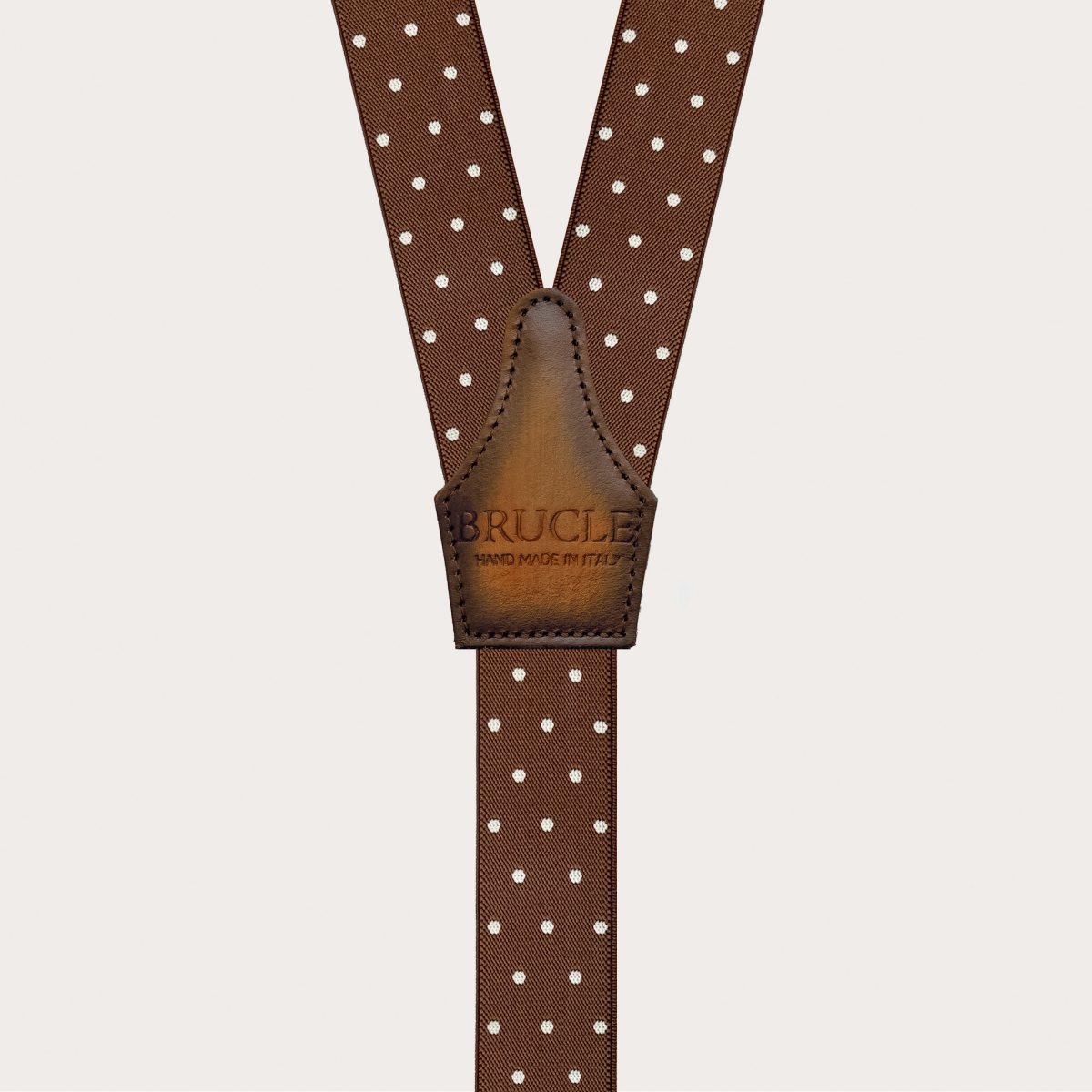 Brown polka dot suspenders with button loops