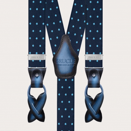 Blue elastic suspenders with light blue polka dots, double use