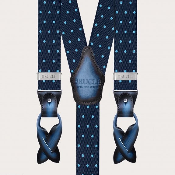 Blue elastic suspenders with light blue polka dots, double use