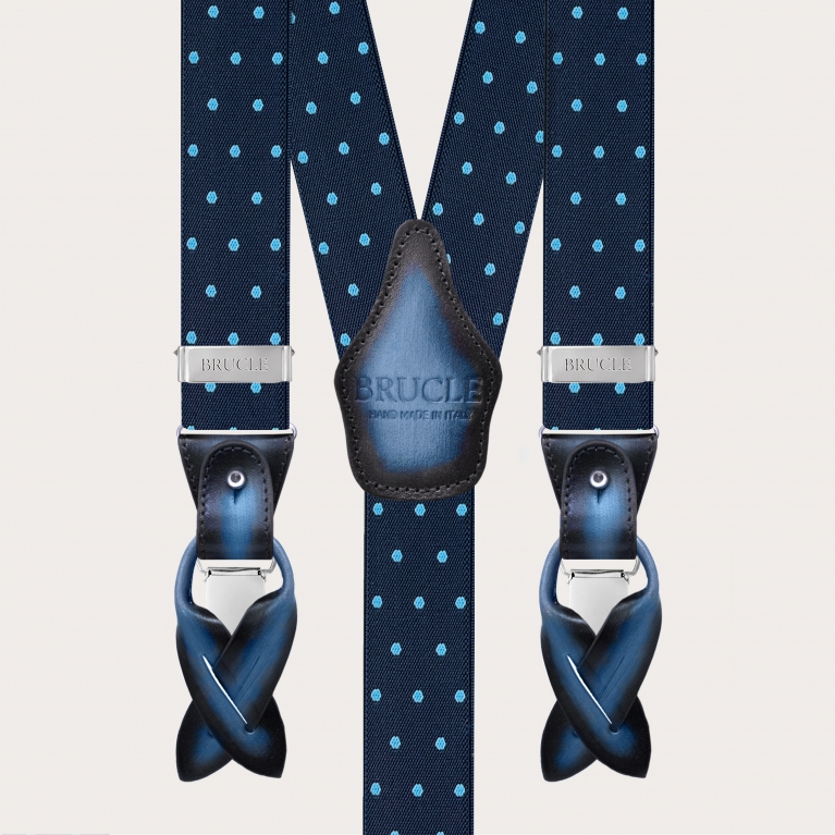Blue elastic suspenders with light blue polka dots, double use