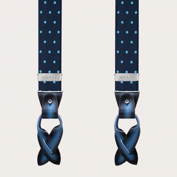 Blue elastic suspenders with light blue polka dots, double use