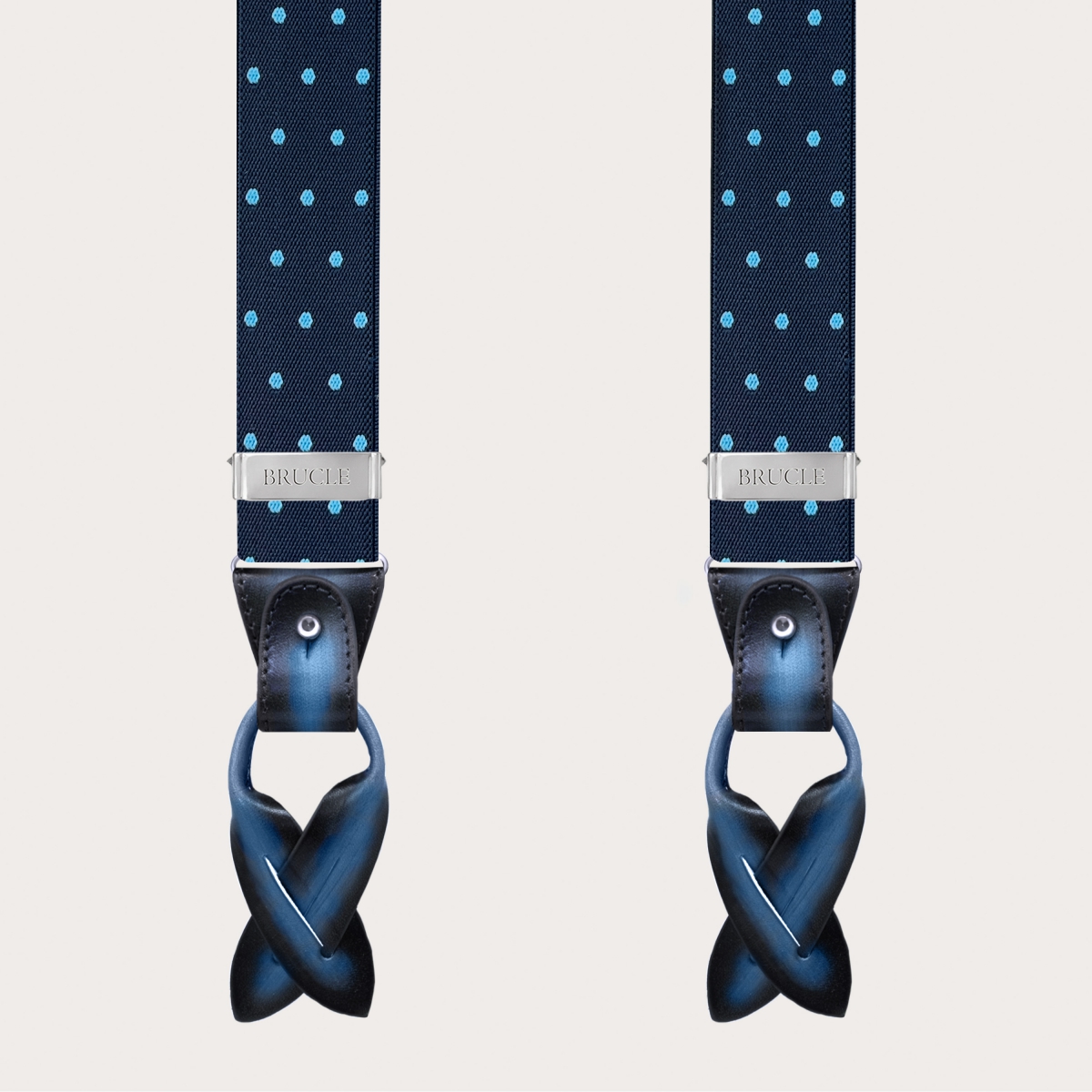 Blue elastic suspenders with light blue polka dots, double use