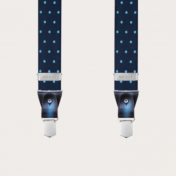 Blue elastic suspenders with light blue polka dots, double use