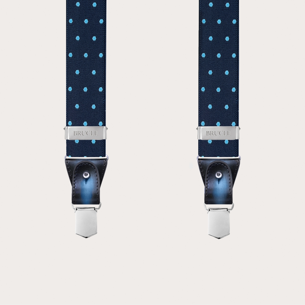Blue elastic suspenders with light blue polka dots, double use