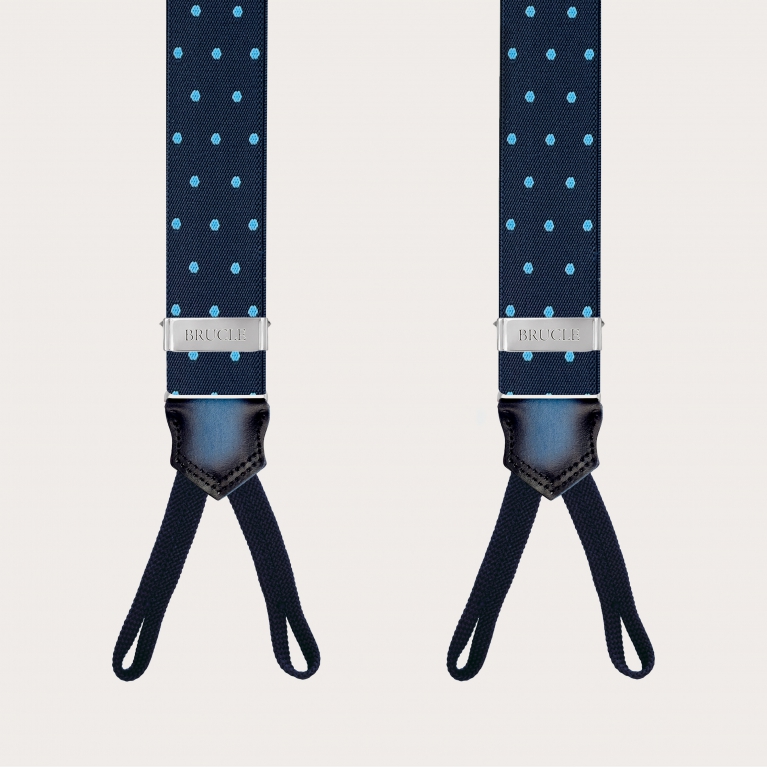 Elegant blue polka dot suspenders with button loops