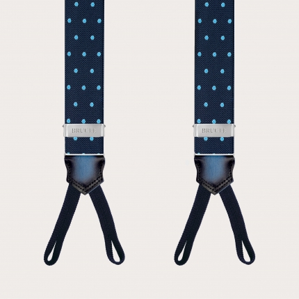 Elegant blue polka dot suspenders with button loops
