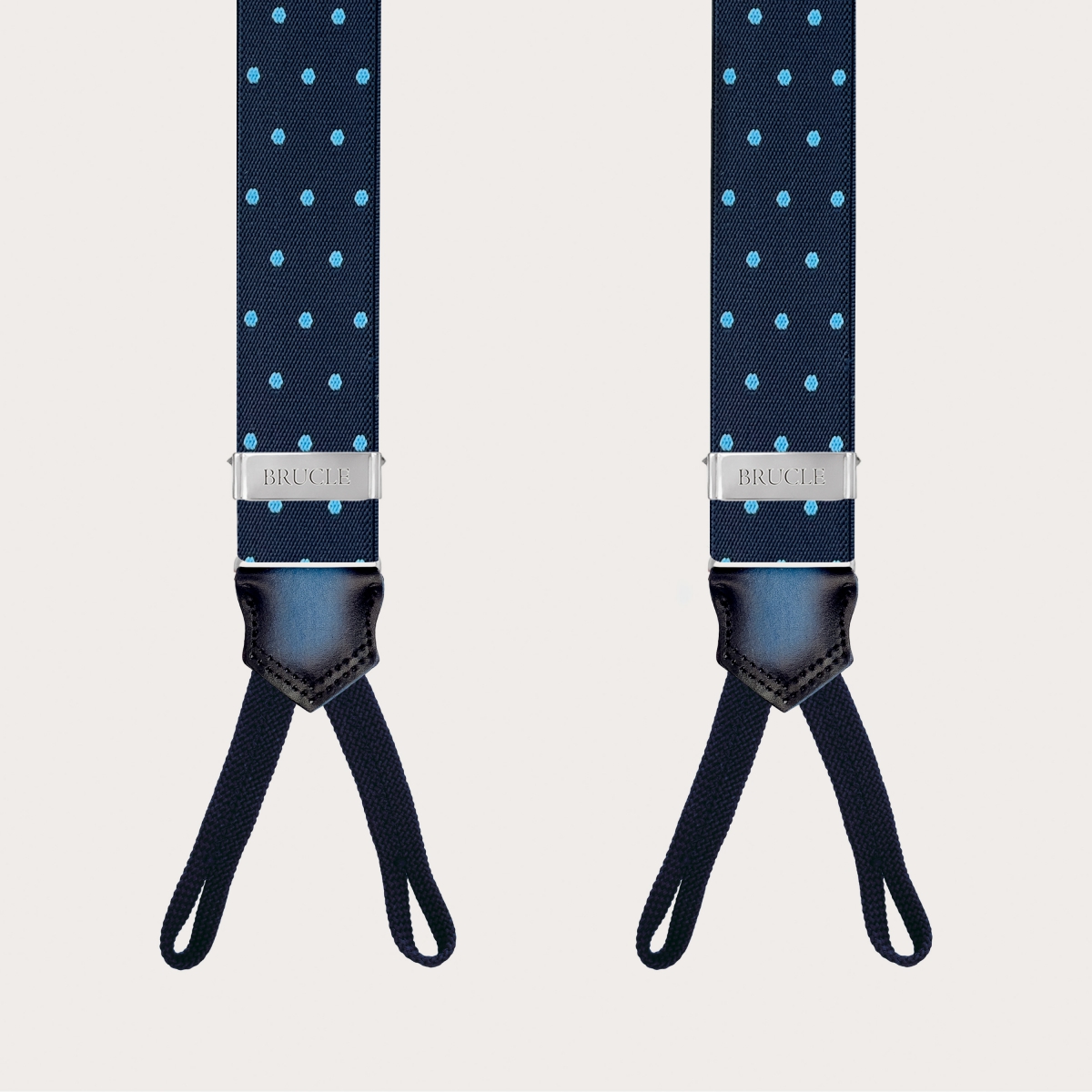 Elegant blue polka dot suspenders with button loops