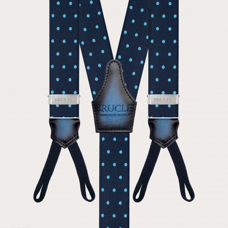 Elegant blue polka dot suspenders with button loops