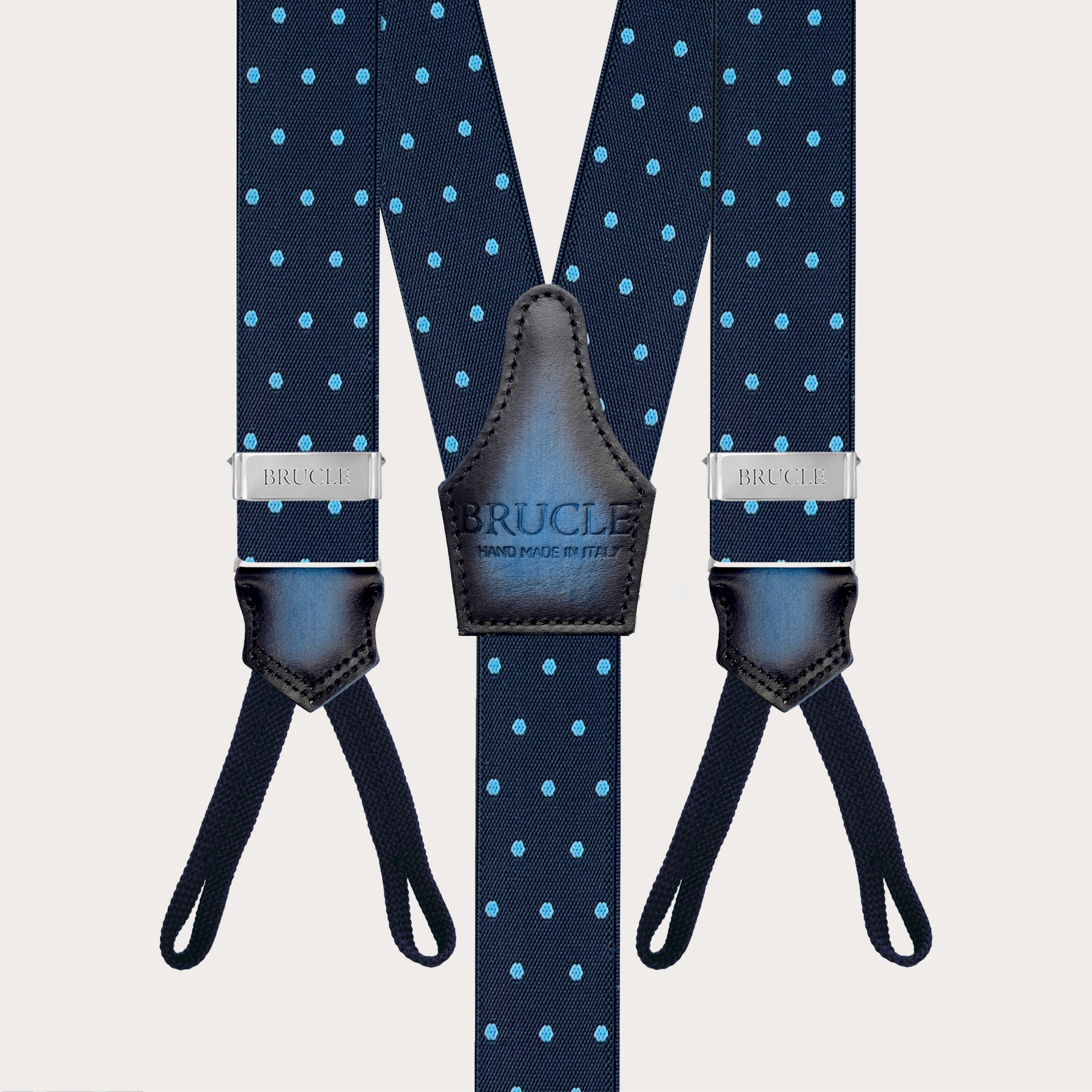 Elegant blue polka dot suspenders with button loops