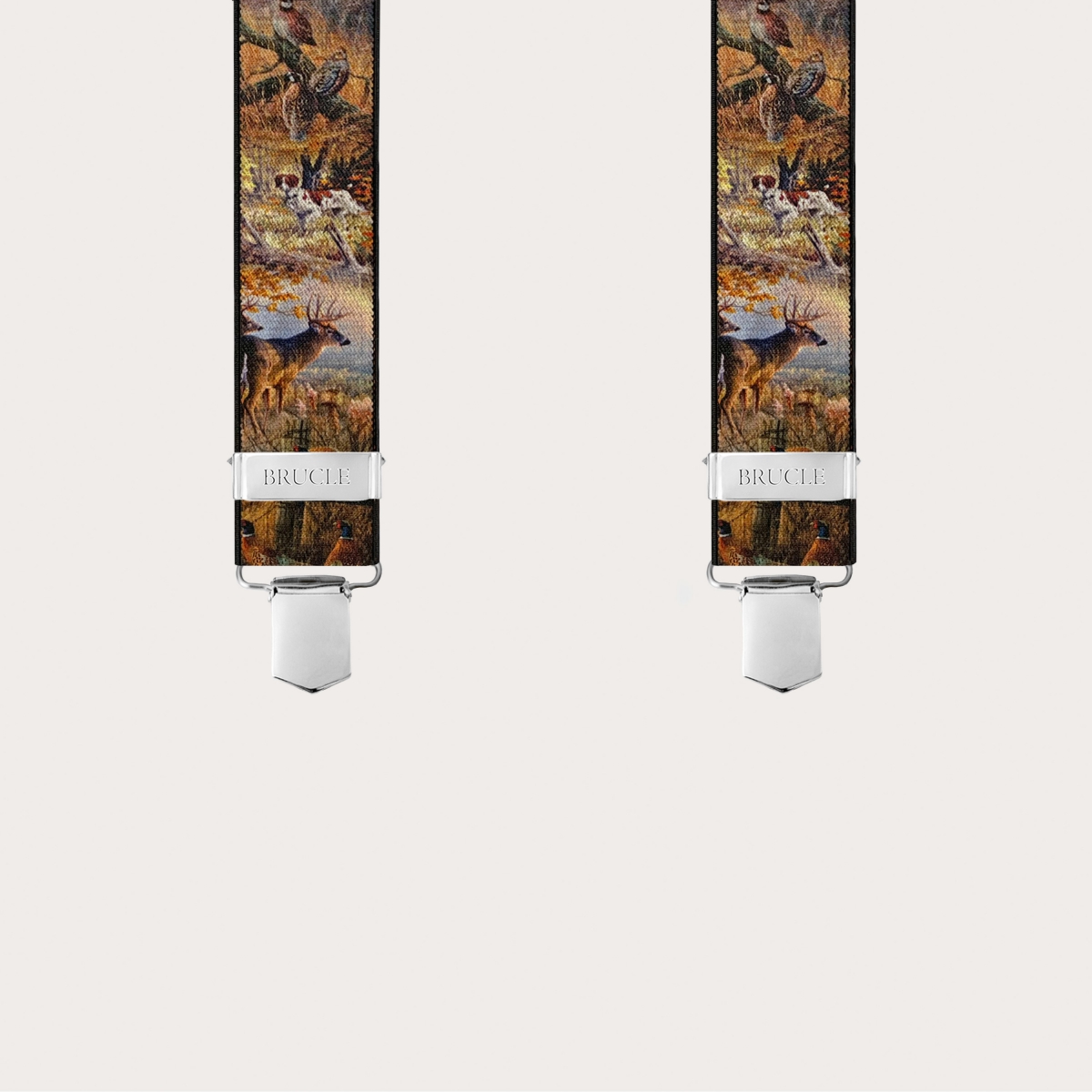 Brown X-back suspenders with hunting pattern