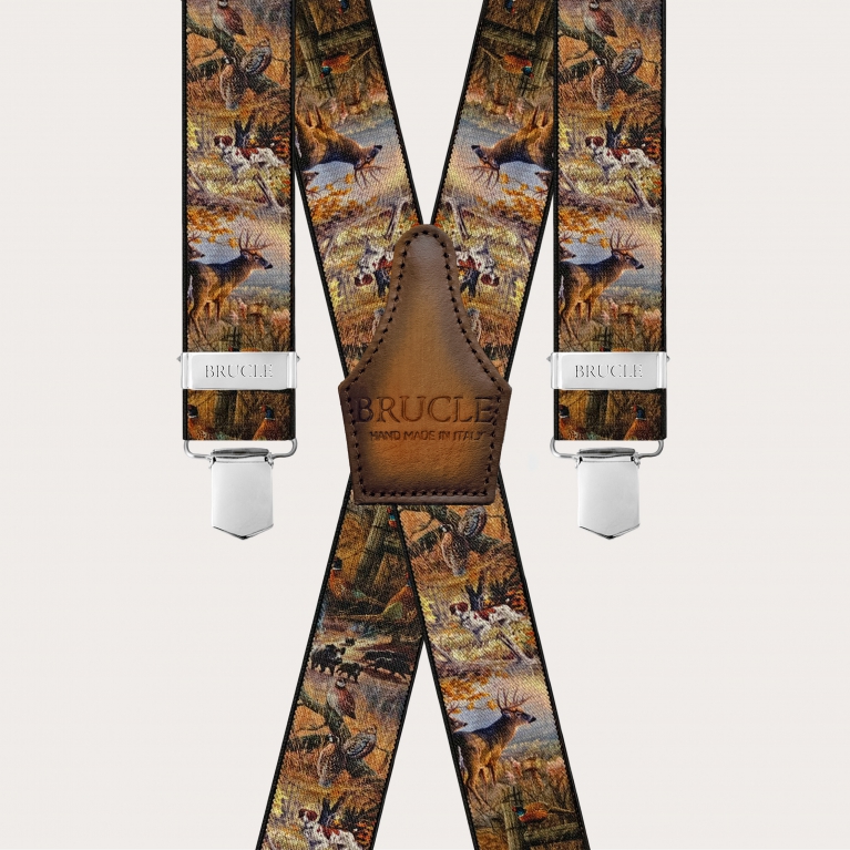 Brown X-back suspenders with hunting pattern