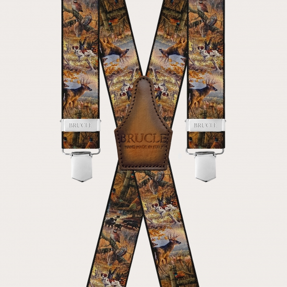 Brown X-back suspenders with hunting pattern