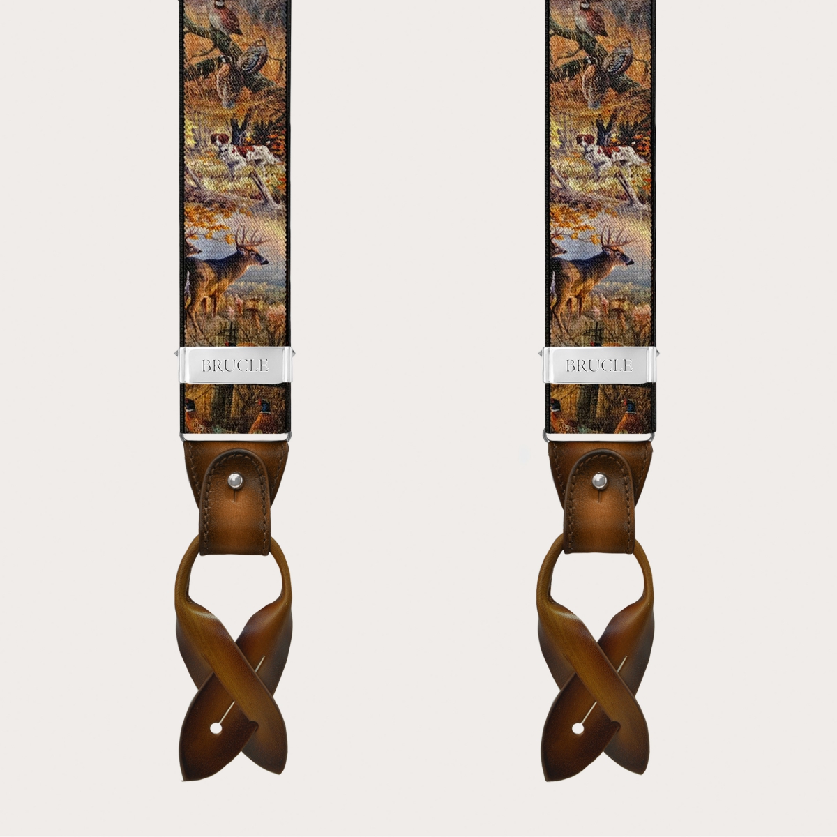 Men’s brown nature-pattern suspenders with clips or buttons