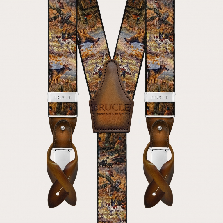Men’s brown nature-pattern suspenders with clips or buttons