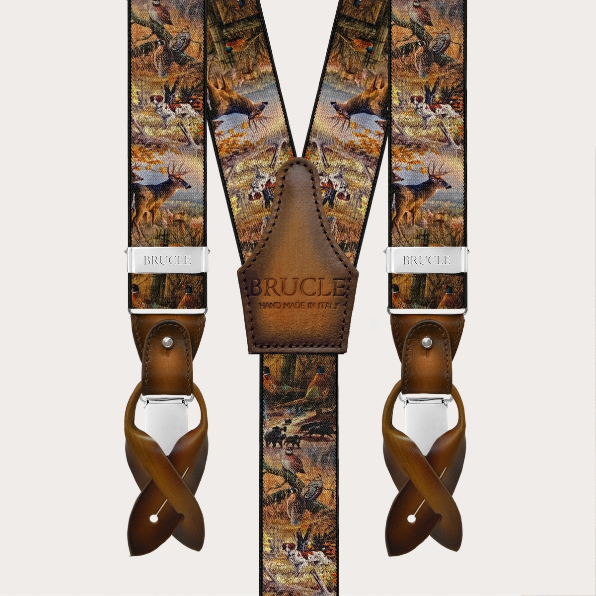 Bretelles homme marron à motif nature avec pinces ou boutons