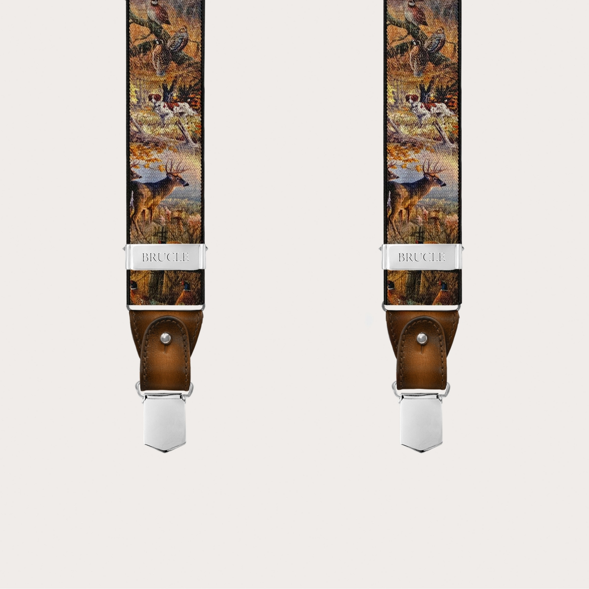 Men’s brown nature-pattern suspenders with clips or buttons
