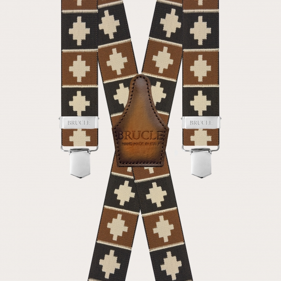 Brown unisex suspenders with geometric pattern