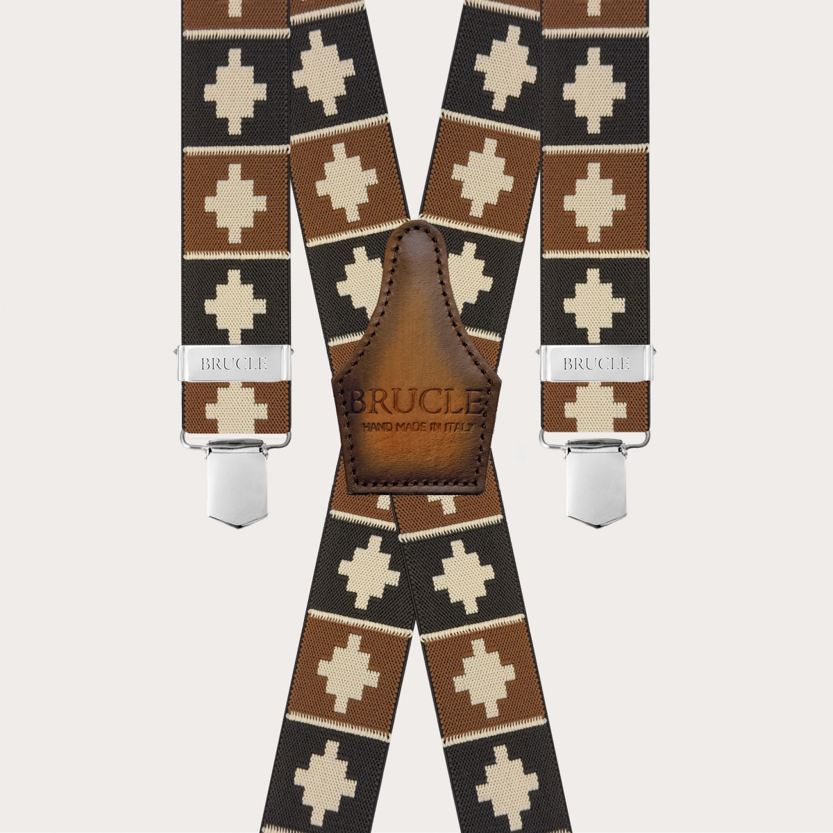 Brown unisex suspenders with geometric pattern