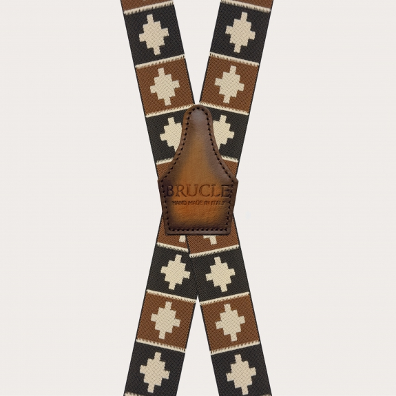 Brown unisex suspenders with geometric pattern