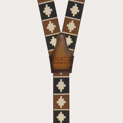 Brown suspenders with geometric pattern for buttons