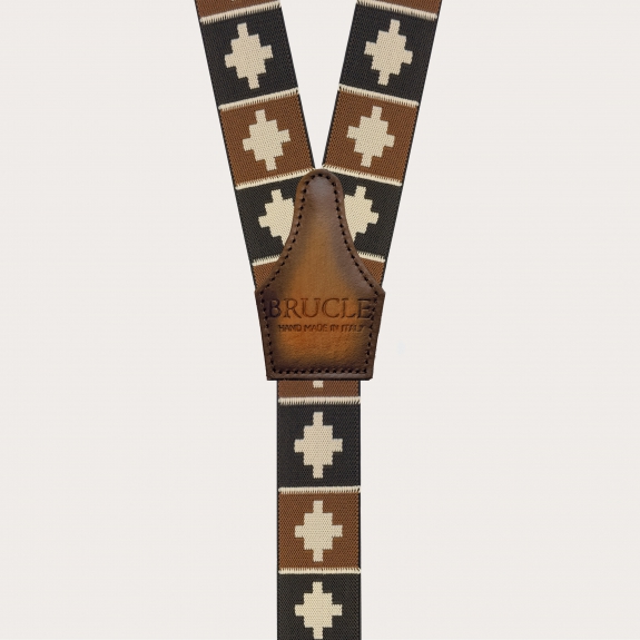 Braune Hosenträger mit geometrischem Muster für Knöpfe