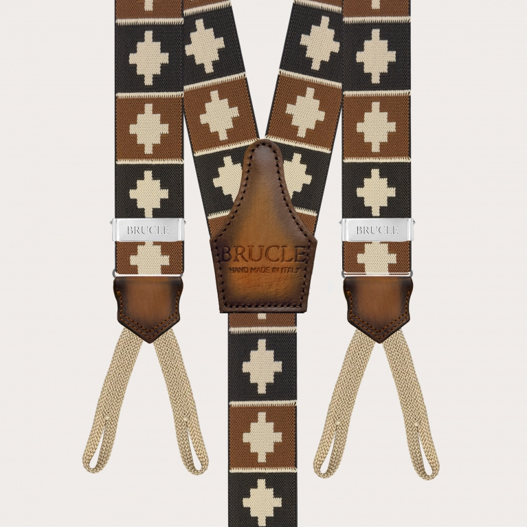 Brown suspenders with geometric pattern for buttons